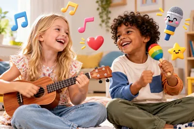 Meisje speelt ukelele en jongen zingt met een sambabal, lachend op het kleed