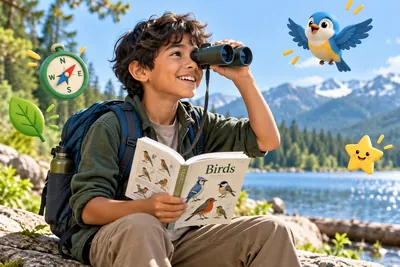 Jongen kijkt buiten bij een meer door een verrekijker naar vogels, met een vogelboek op schoot