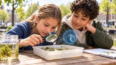 Meisje bekijkt waterdiertjes door een vergrootglas in een bak slootwater, een jongen kijkt mee