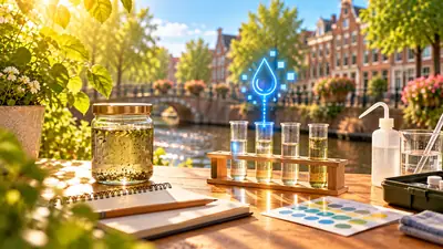 Pot met slootwater en reageerbuisjes met water op een tafel aan de gracht, met een kleurenkaart en notitieboek