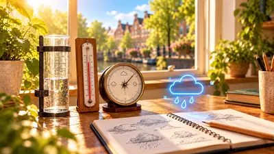 Regenmeter, thermometer en barometer bij het raam, met een schrift vol getekende wolken