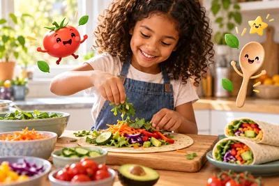 Meisje vult een wrap met sla, wortel, paprika, komkommer en avocado aan het aanrecht