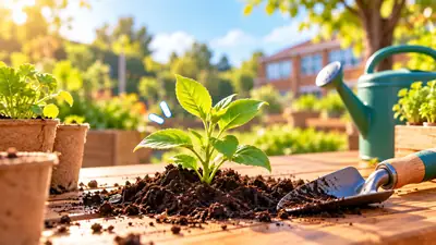 Jonge plant in verse aarde op een tuintafel, met turfpotjes, een schepje en een gieter