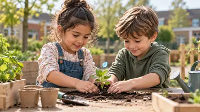 Meisje en jongen planten samen een jonge plant in de aarde aan een tafel in de moestuin