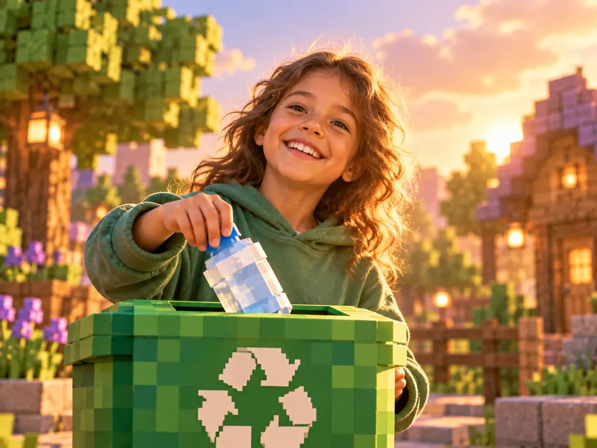 Meisje gooit een plastic fles in een groene recyclebak in haar straat