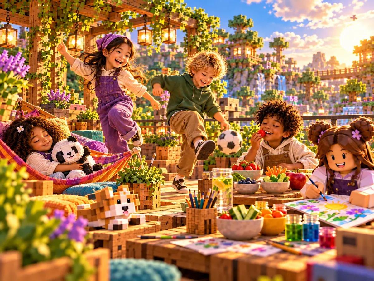 Kinderen ontdekken wat hen energie geeft: rusten in een hangmat, voetballen, fruit eten en tekenen