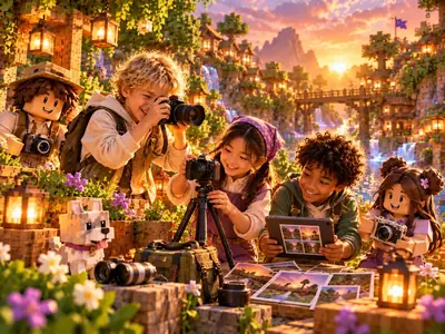 Kinderen fotograferen hun omgeving met camera's en een statief en bekijken de foto's op een tablet