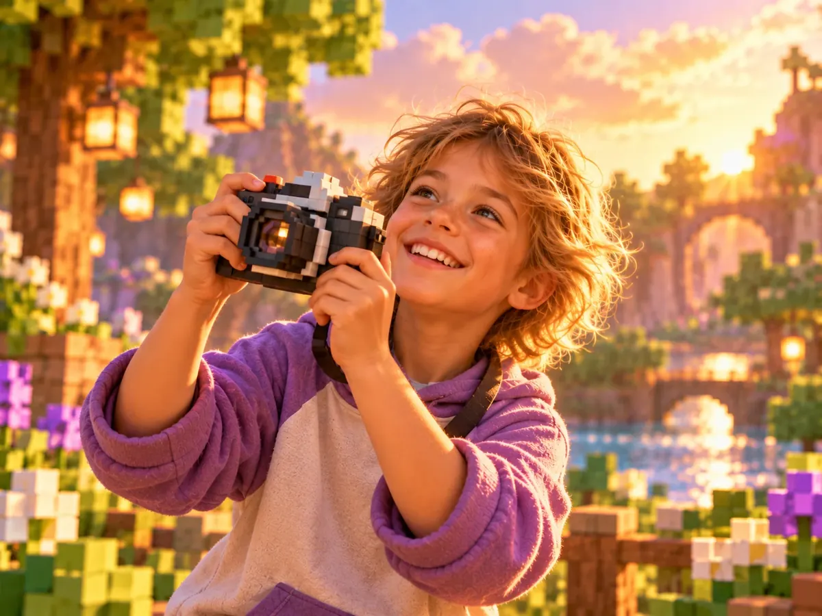 Jongen maakt buiten foto's met een camera bij een rivier met bruggen
