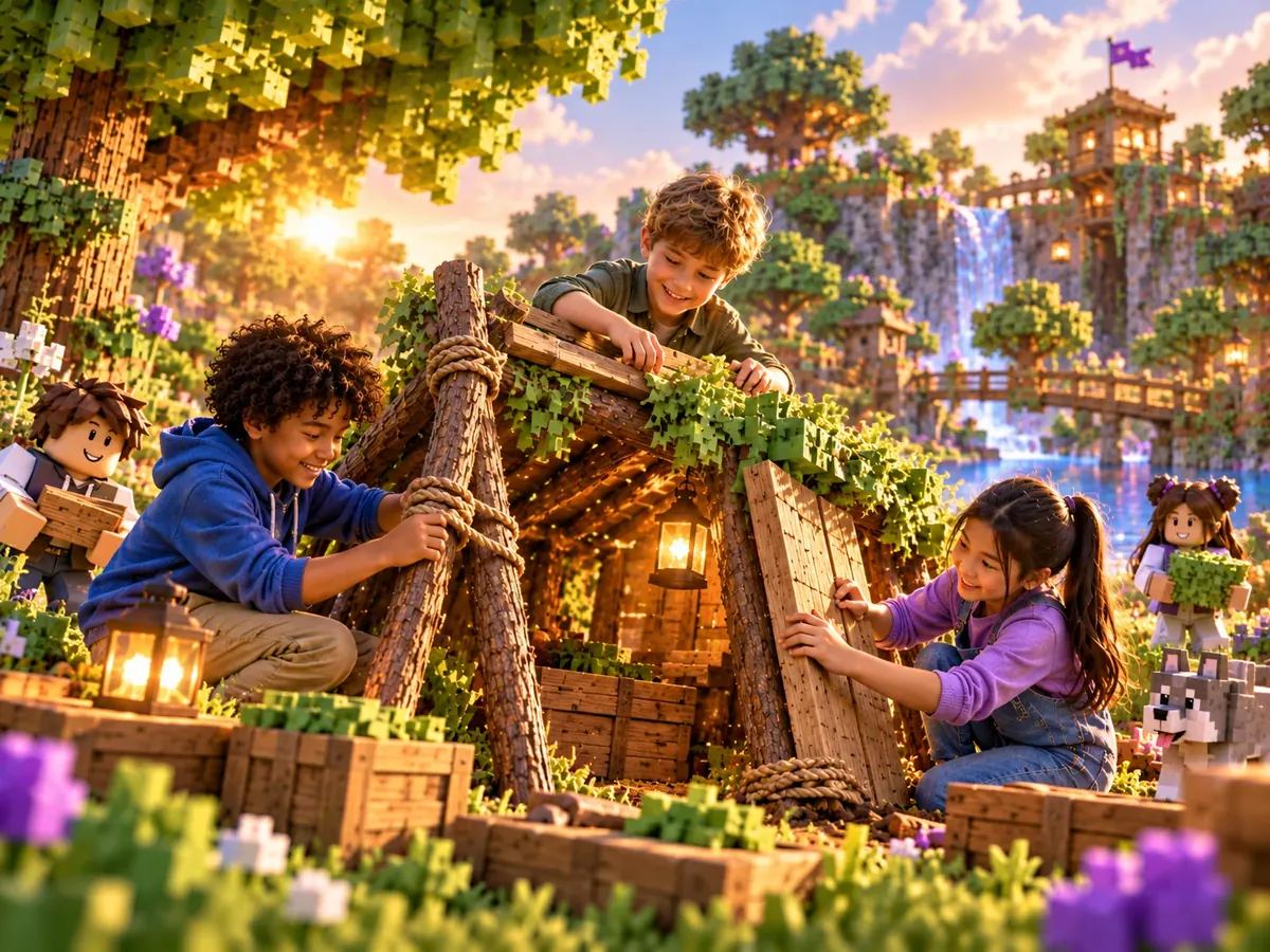 Drie kinderen bouwen buiten een hut van takken, touw en planken onder een grote boom