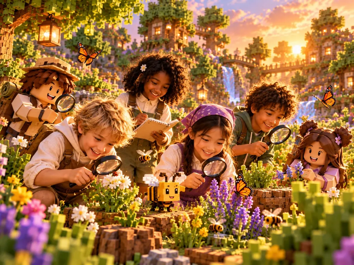 Vijf kinderen onderzoeken met vergrootglazen bijen, vlinders en bloemen en schrijven op wat ze zien