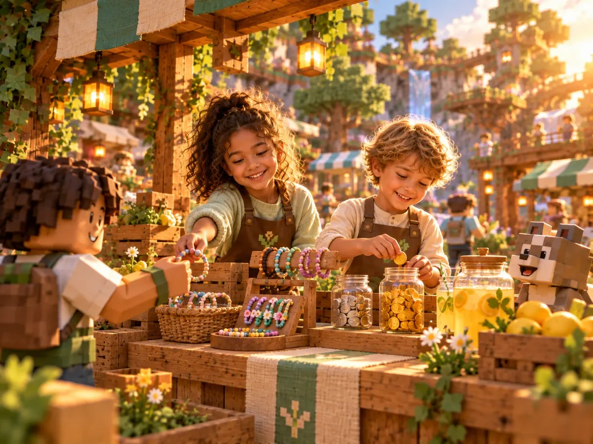 Twee kinderen verkopen zelfgemaakte armbandjes en limonade aan een marktkraam en sparen munten in glazen potten