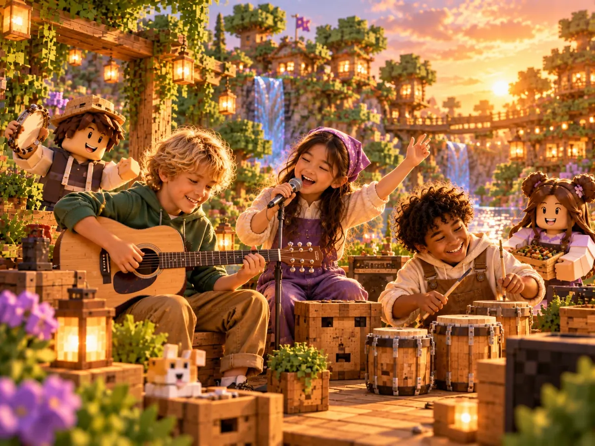 Kinderen maken samen muziek met een gitaar, een microfoon en zelfgemaakte trommels