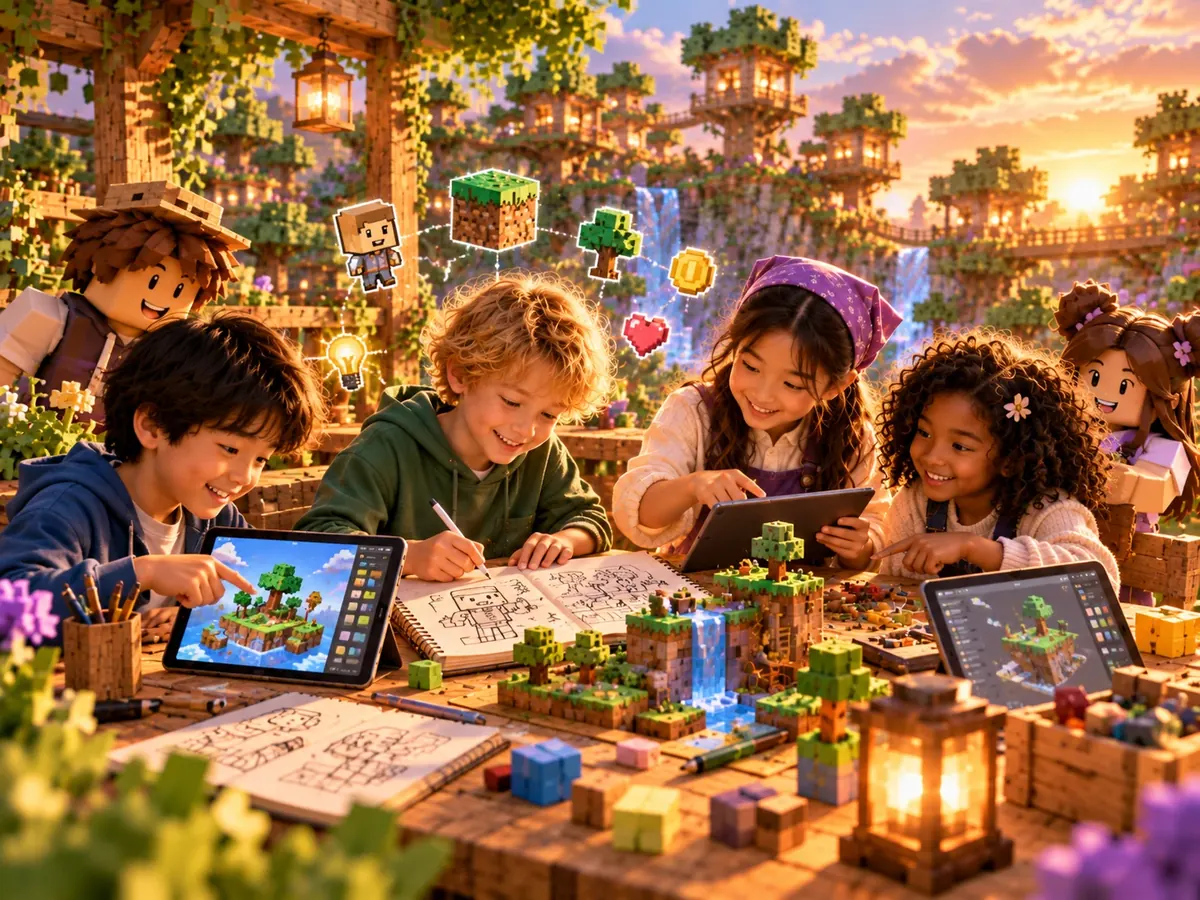 Kinderen schetsen ideeën in een schrift en bouwen een miniwereld van blokjes, met tablets ernaast
