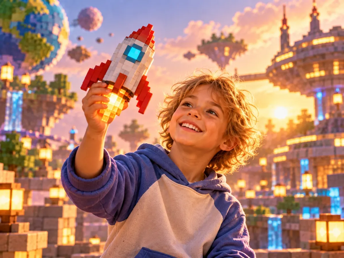 Jongen houdt een raketje omhoog in een futuristische stad