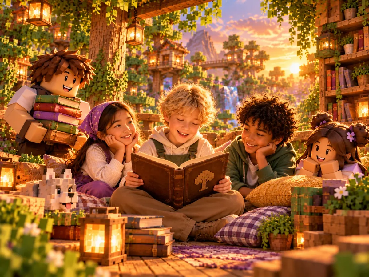 Kinderen luisteren ontspannen naar een voorgelezen boek, liggend op kussens tussen lantaarns