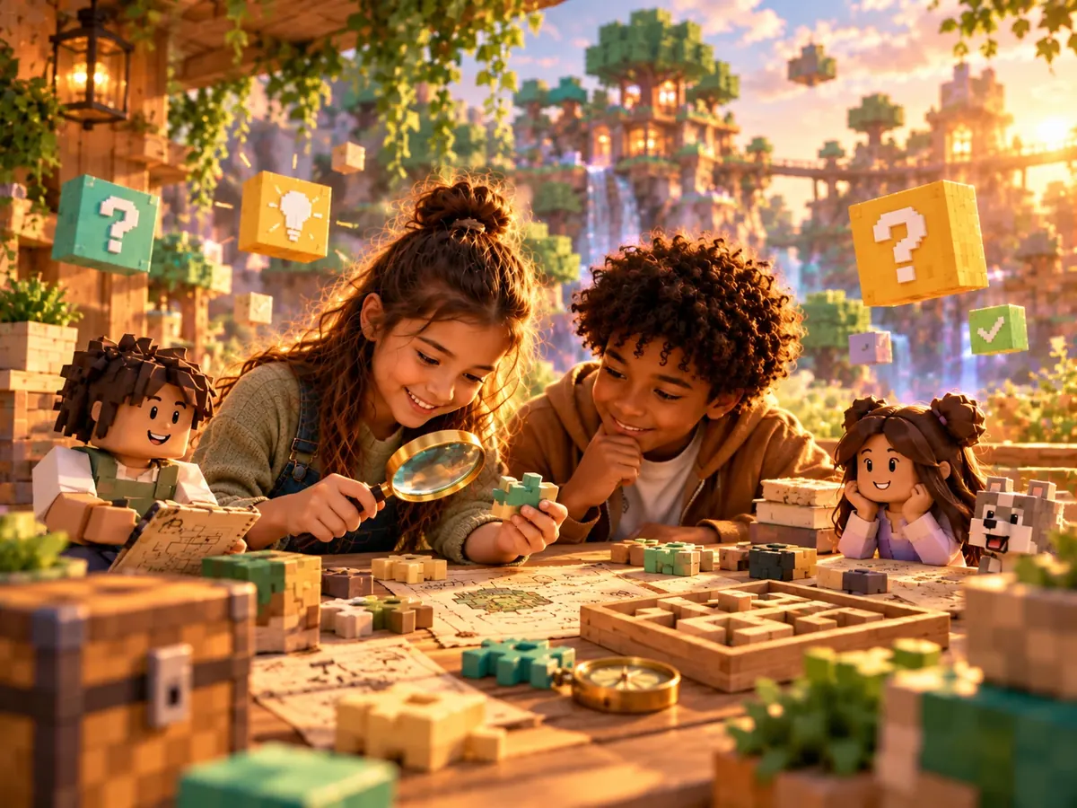 Meisje bekijkt met een vergrootglas een puzzelstuk naast een schatkaart, een kompas en een houten doolhof
