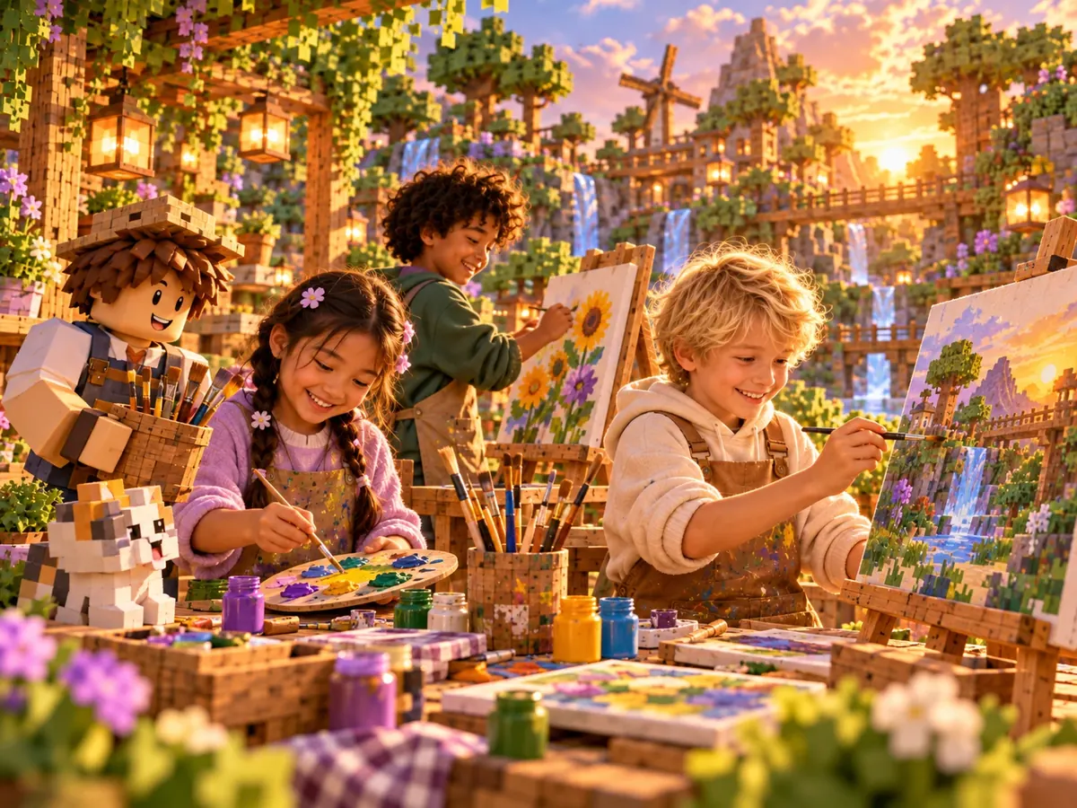 Kinderen schilderen bloemen en een landschap op doeken met verf en penselen