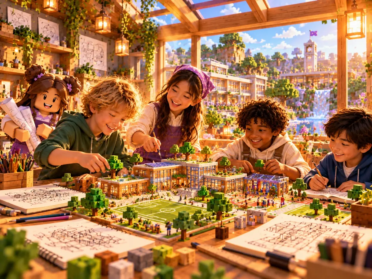 Kinderen bouwen een maquette van een nieuwe school met groene daken, bomen en een sportveld