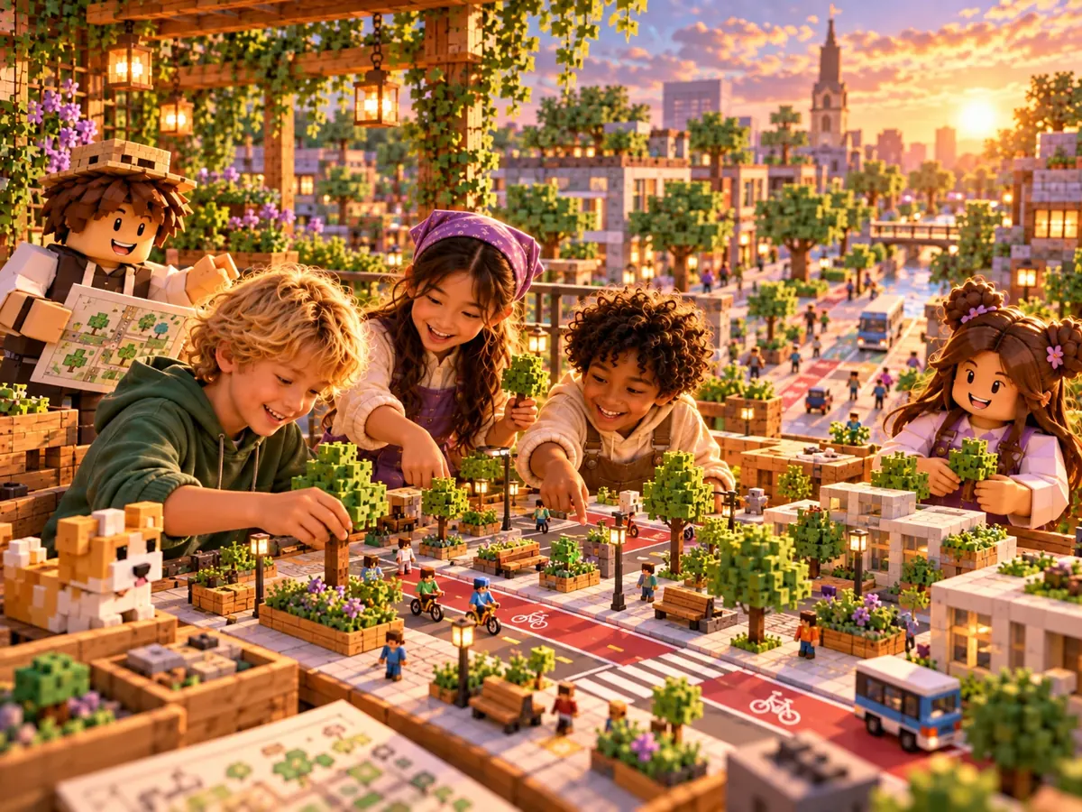 Kinderen ontwerpen een straat met fietspaden, bomen, bankjes en een bus in een grote maquette