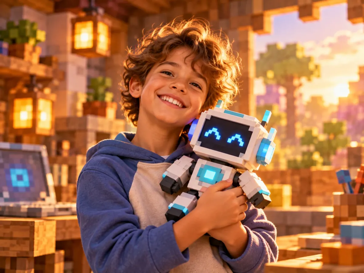 Jongen houdt trots een zelfgemaakte kleine robot vast in zijn werkplaats