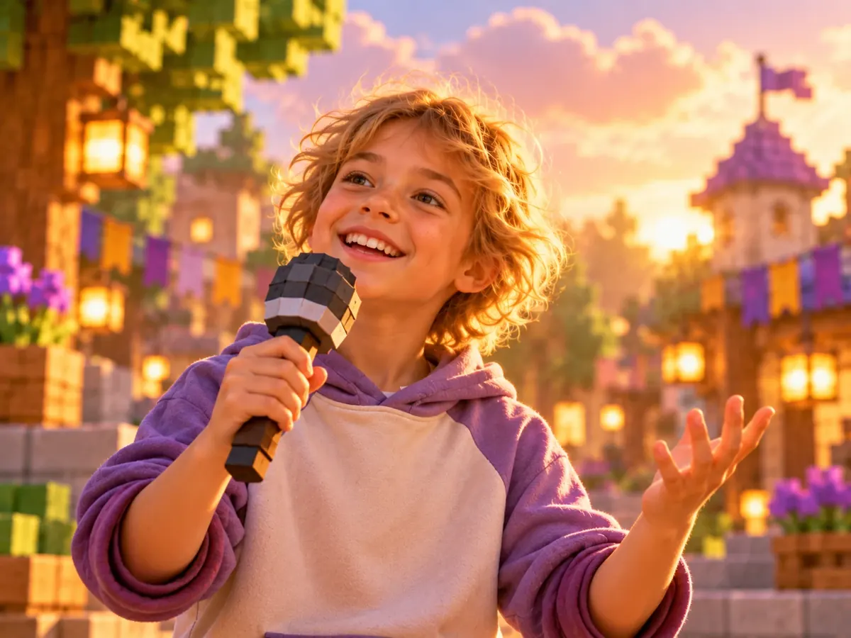 Jongen zingt vrolijk in een microfoon op een feestelijk plein