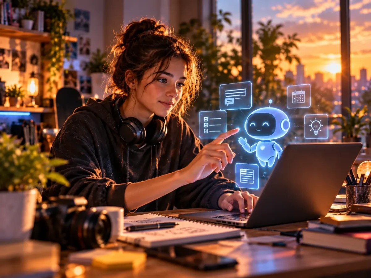 Tiener stelt op haar laptop een eigen A.I.-assistent in, met zwevende schermen voor taken en agenda