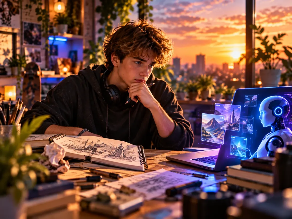 Tiener vergelijkt zijn eigen schetsen met beelden die een A.I. op zijn laptop maakt