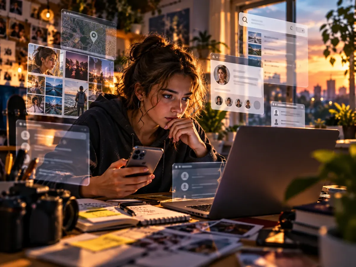 Tienermeisje bekijkt op telefoon en laptop welke foto's, profielen en locaties online over haar te vinden zijn