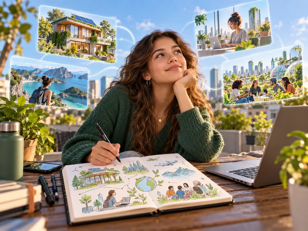 Tienermeisje tekent in haar schetsboek waar ze energie van krijgt: natuur, reizen, vrienden en werk