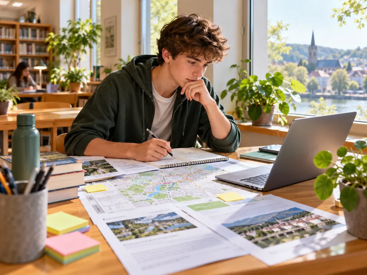 Tiener onderzoekt in een bibliotheek met kaarten en een laptop waar zijn eten vandaan komt