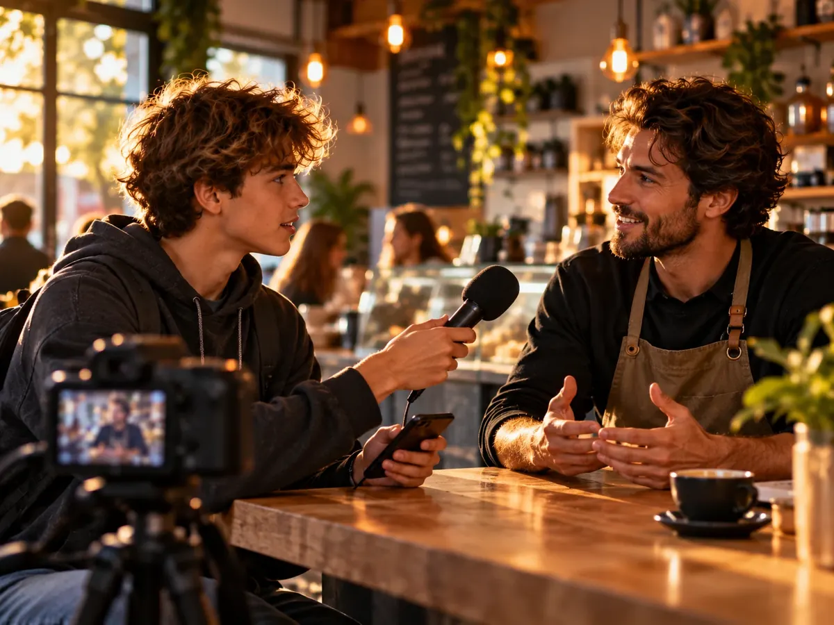 Tiener interviewt met een microfoon en camera de eigenaar van een koffiezaak