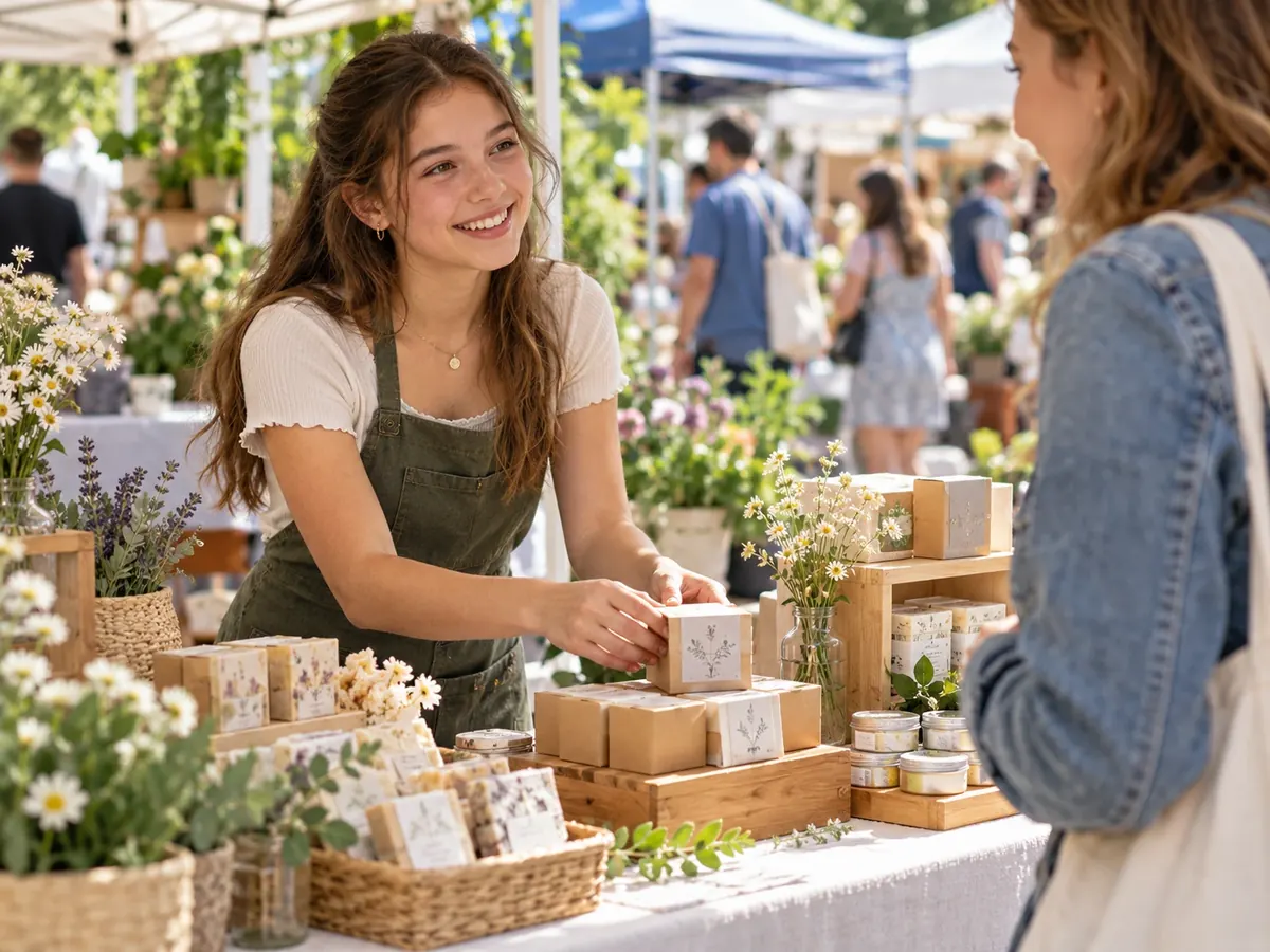 Tienermeisje verkoopt zelfgemaakte zeep aan een klant op een zonnige markt