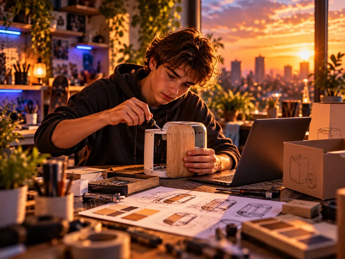 Tiener bouwt een houten speaker met een schroevendraaier, naast ontwerpschetsen en een laptop