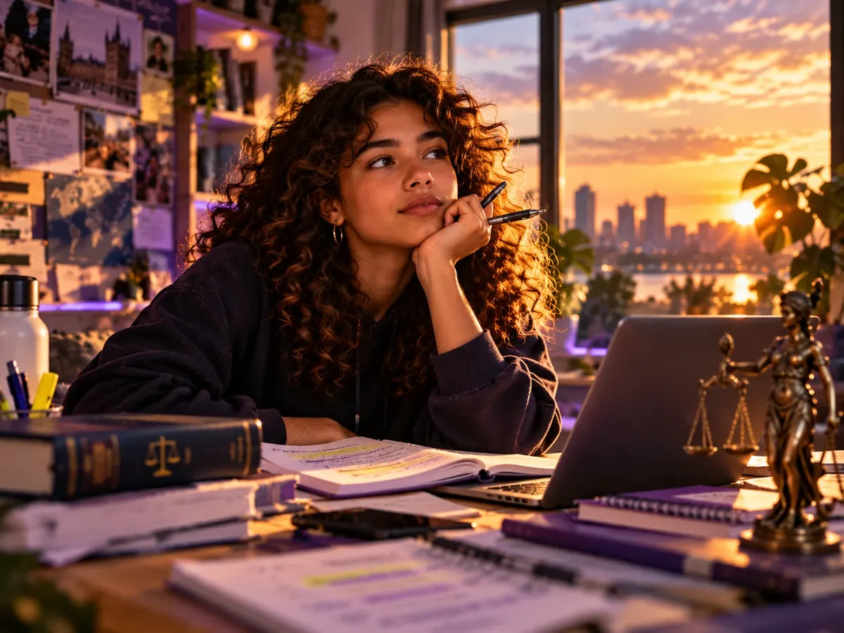 Tienermeisje denkt na aan een bureau met wetboeken, aantekeningen en een beeldje van Vrouwe Justitia