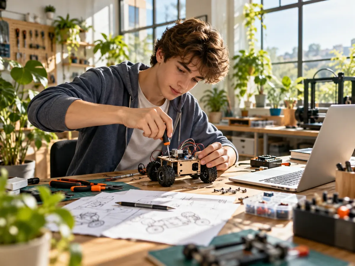 Tiener sleutelt in een werkplaats aan een elektronisch apparaatje met schroevendraaier en schetsen