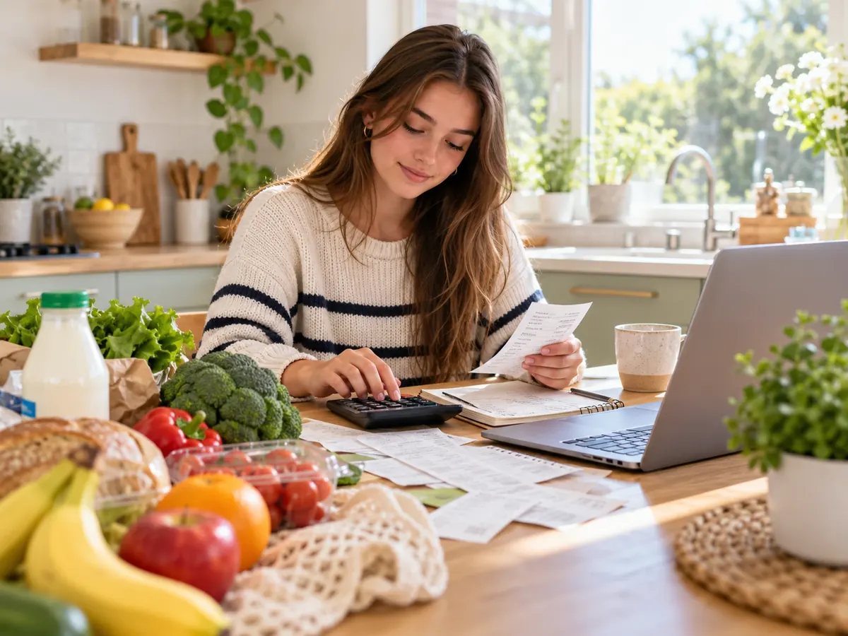 Tienermeisje rekent in de keuken met bonnetjes uit of haar menu met verse producten binnen €15 blijft