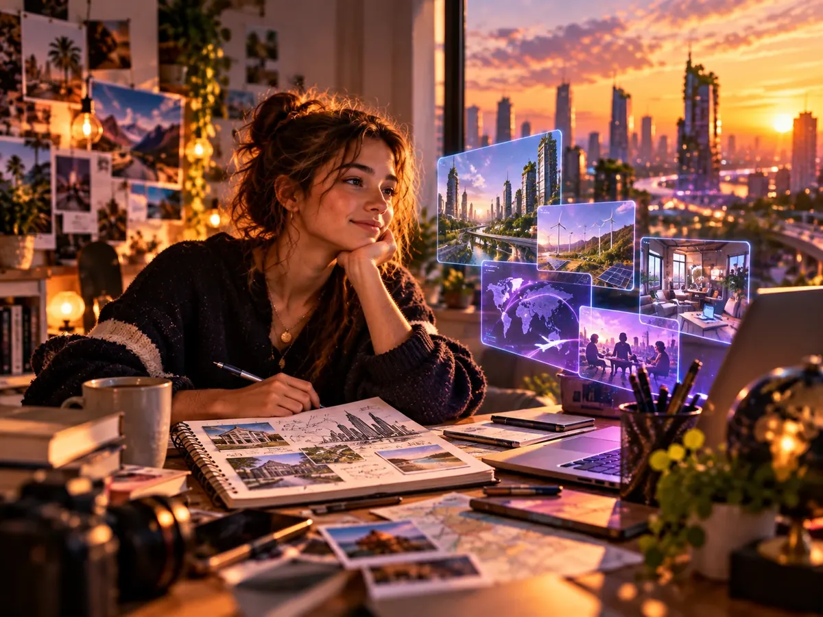 Tienermeisje droomt over haar toekomst met schetsen, foto's en zwevende beelden van een stad van morgen