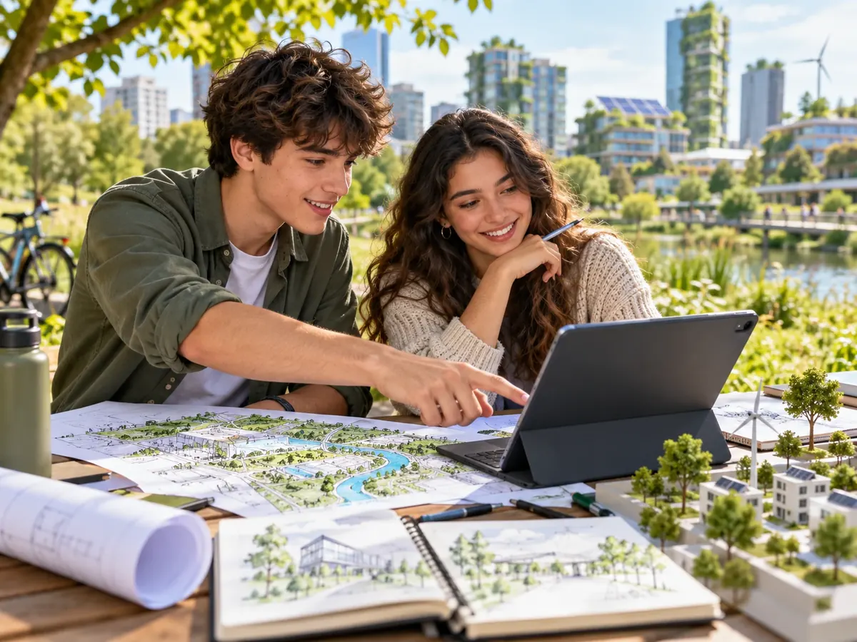 Twee tieners ontwerpen buiten met schetsen, een tablet en een maquette een groene nieuwe school