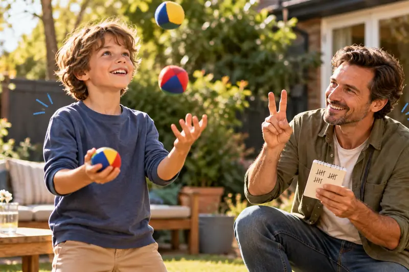 Jongen oefent jongleren met drie ballen in de tuin, zijn vader telt de pogingen mee
