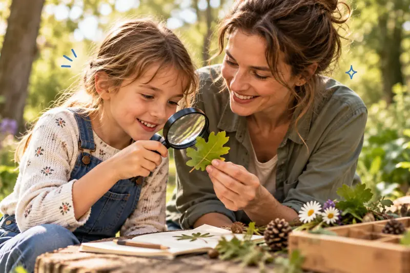 De natuur van dichtbij onderzoeken Meisje bekijkt buiten een eikenblad door een vergrootglas, haar moeder houdt het blad vast
