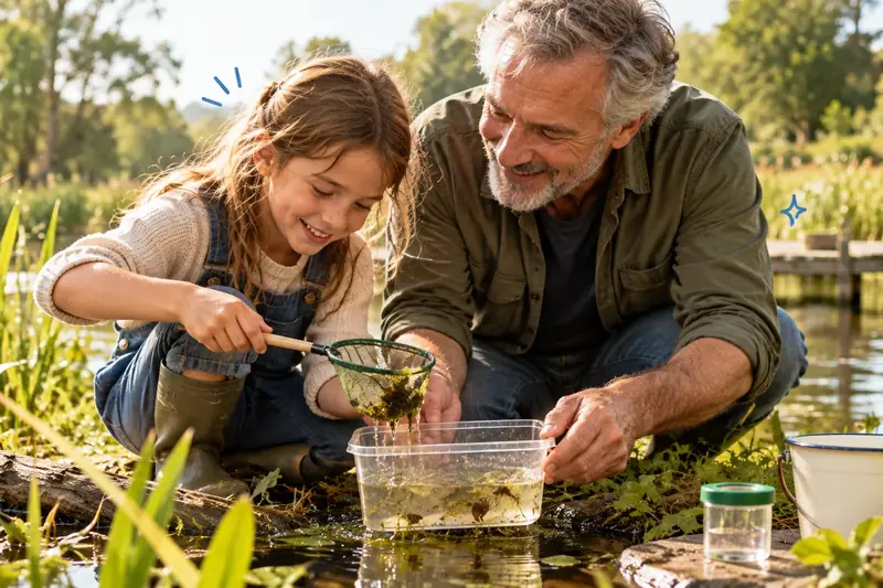 Samen water onderzoeken bij de sloot Meisje schept met een schepnetje waterdiertjes uit een sloot, haar opa houdt een bakje vast