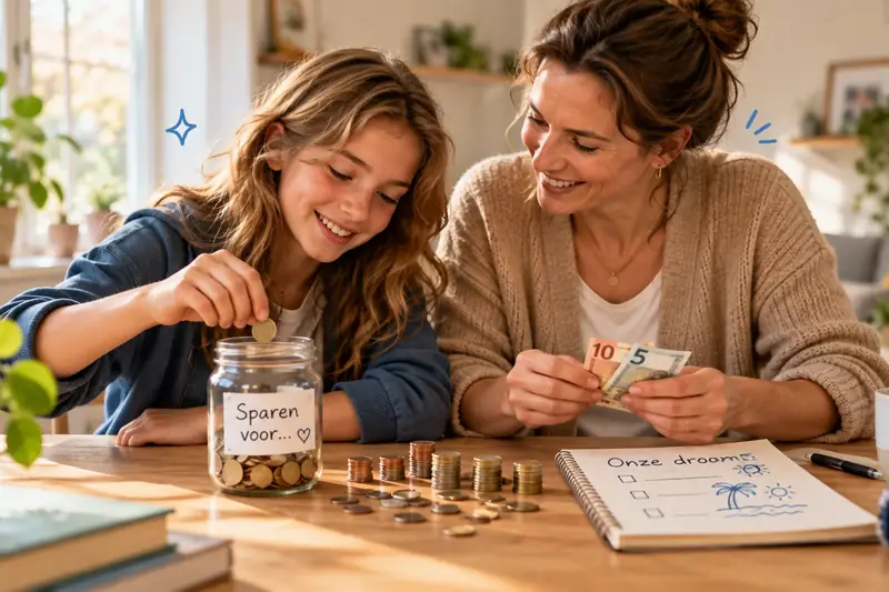 Leren sparen voor een doel Tienermeisje doet munten in een spaarpot met een eigen spaardoel, haar moeder telt briefgeld