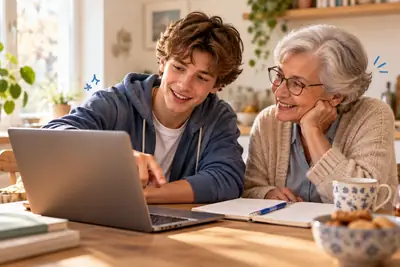 Samen ontdekken hoe technologie werkt Tiener legt zijn oma iets uit op een laptop aan de keukentafel