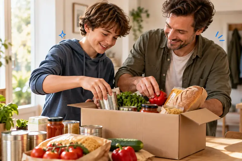 Samen iets doen voor de buurt Tiener en vader vullen samen een doos met boodschappen voor de buren
