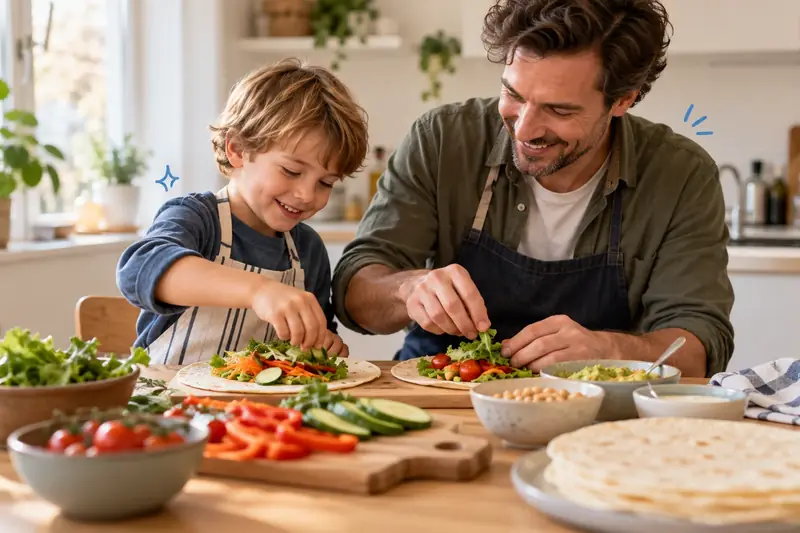 Samen koken met verse groenten Jongen en vader vullen samen wraps met sla, tomaat, komkommer en paprika aan de keukentafel