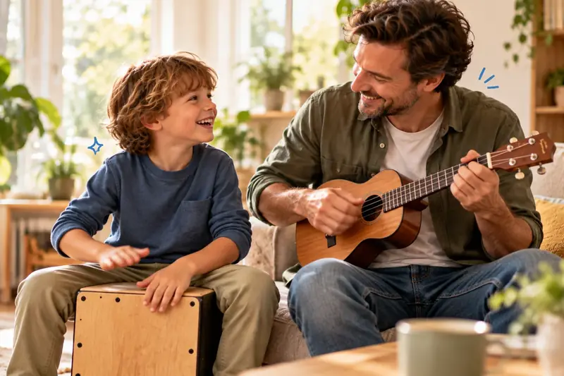 Samen muziek maken Jongen trommelt op een cajon terwijl zijn vader ukelele speelt in de woonkamer
